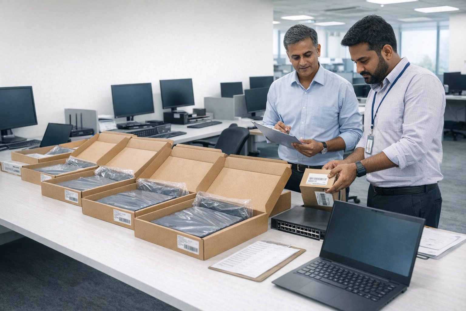 Corporate team planning laptops and business IT hardware procurement