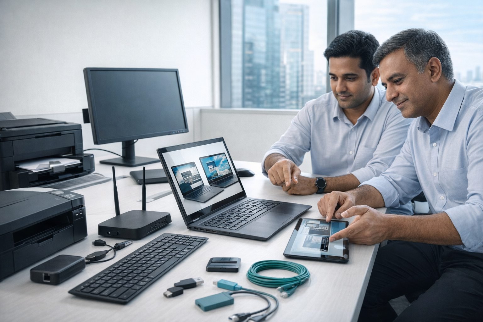 Technology business professional discussing office hardware procurement